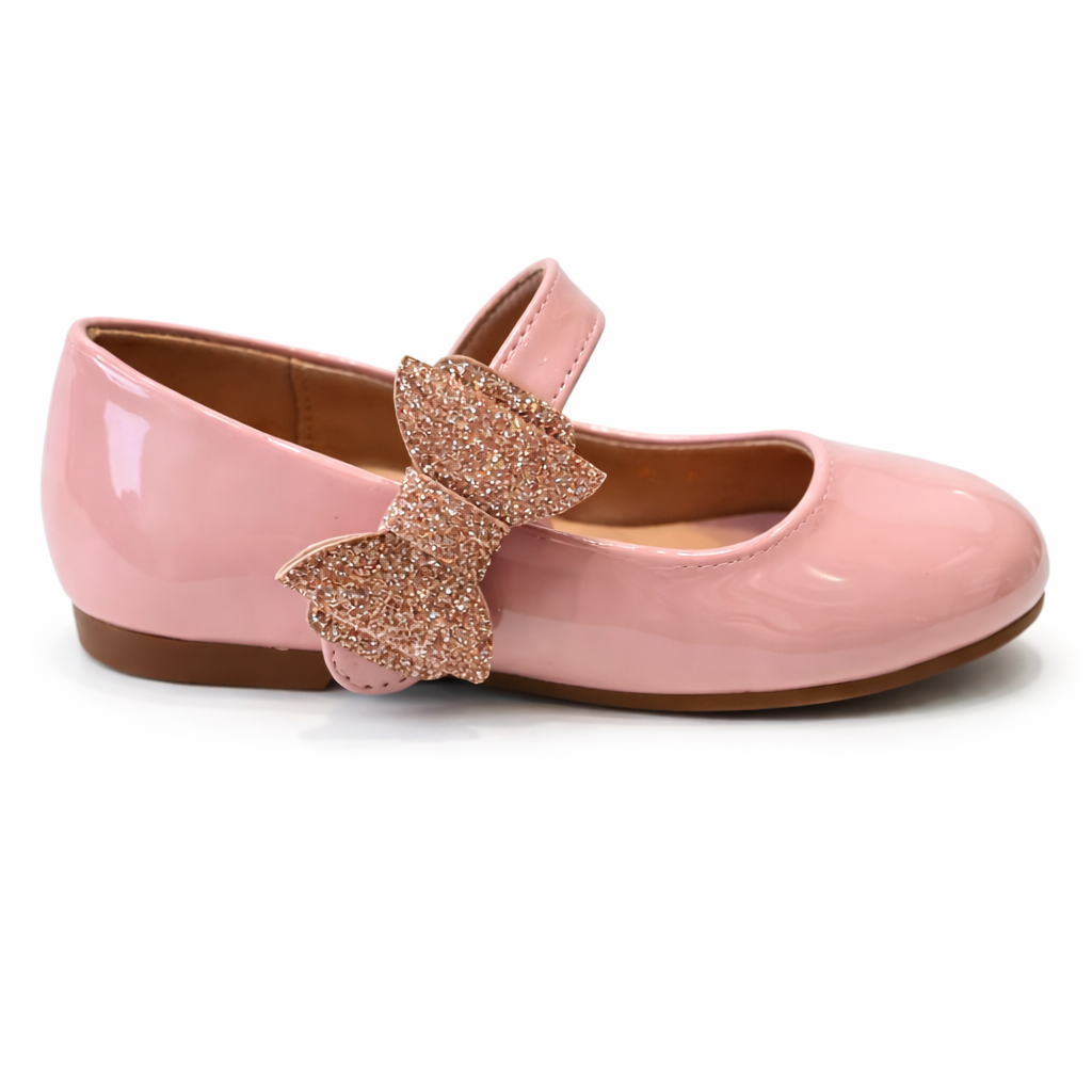 Ballerines rose vernis avec nœud pailleté